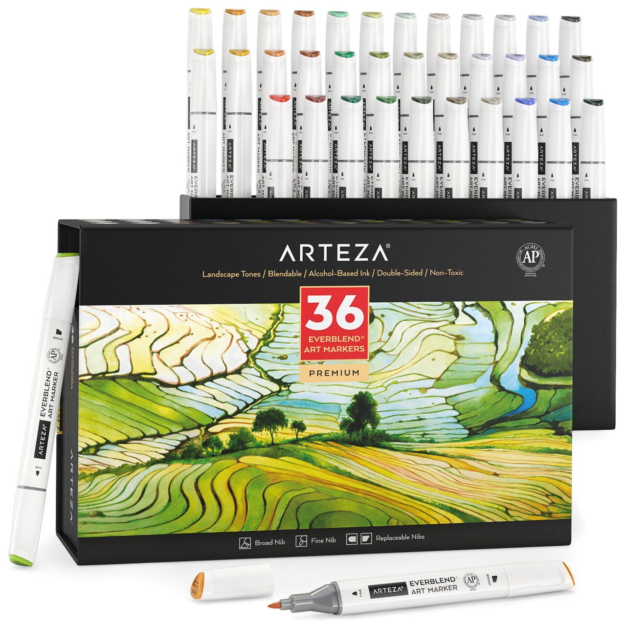 Arteza Professional EverBlend Dual Tip Ultra Artist Brush Sketch Markers, Landscape Tones, Replaceable Tips - 36 Pack